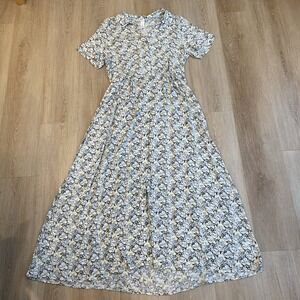 H&M Women's Size S Floral Print Maxi Dress Tie-Belt Cottagecore Shirtdress Blue